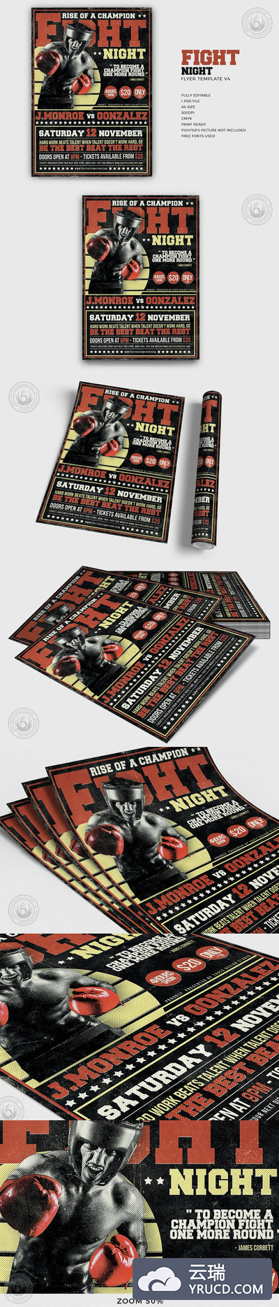 拳击宣传海报模板 Fight Night Flyer PSD V4