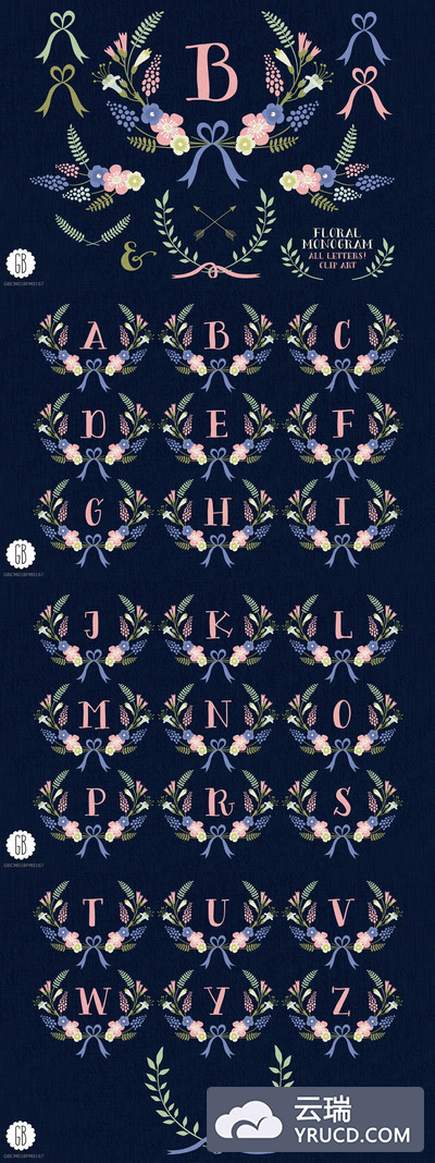 月桂树刺绣图案插画 Floral wreaths laurels monogram C75