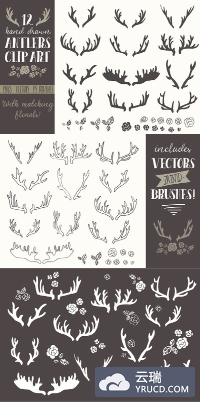 手绘鹿角插画 Hand Drawn Antlers Clip Art - Vector