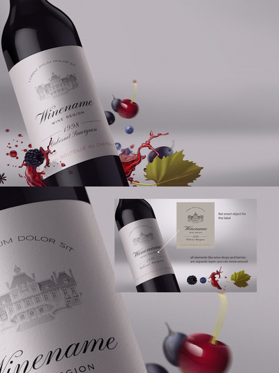 酒瓶标签素材模板 Wine bottle and label mock-up