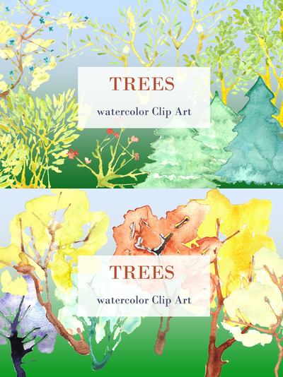水彩树木剪贴画 Trees watercolor Clipart