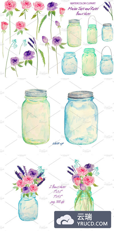 水彩婚礼素材插画 Watercolor Wedding Mason Jars Roses