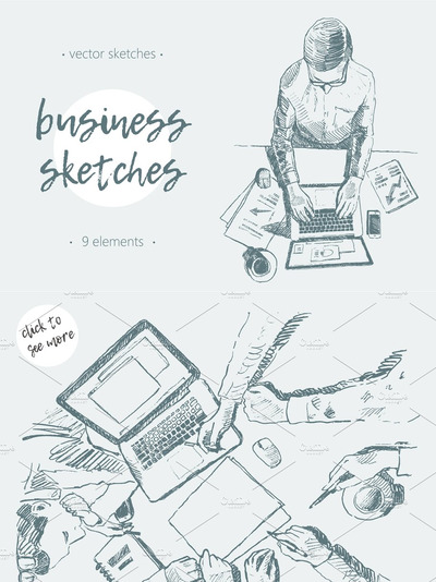 手绘商务素描插画 Set of business sketches
