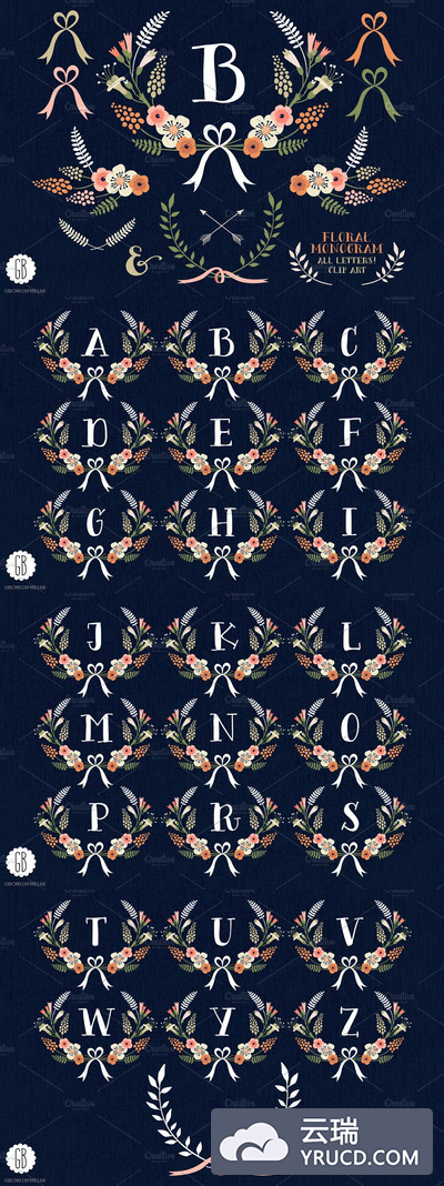 矢量花卉素材插画 Floral wreaths laurels monogram