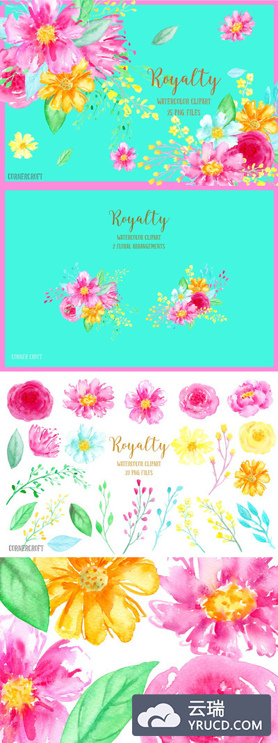 水彩皇冠花卉剪贴画 Watercolor Clipart Royalty