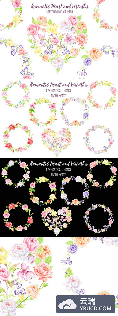 水彩玫瑰花环和爱心插画 Watercolor Rose Wreath and Heart