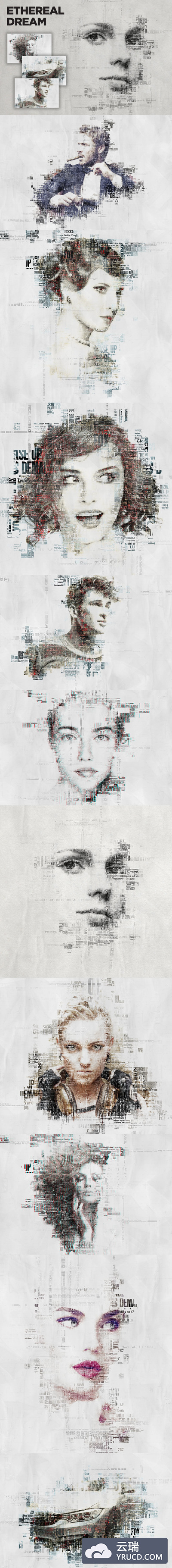 高品质的抽象双重曝光报纸打印Photoshop动作