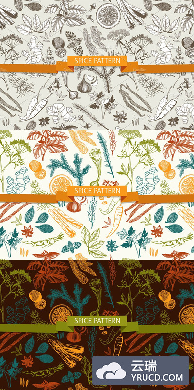 厨房蔬菜插画素材 3 Kitchen Spice Patterns Set