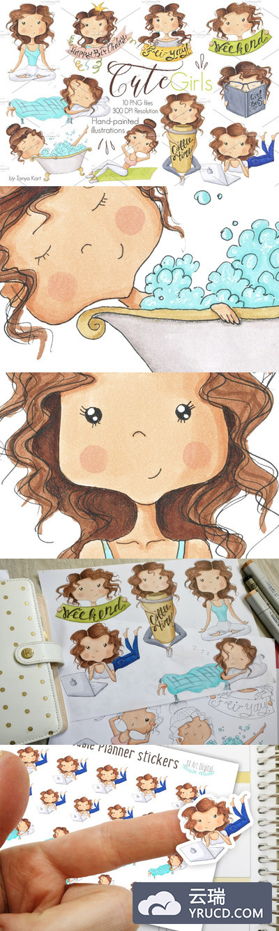 可爱的女孩卡通插画素材 Cute Girls Hand-Painted Clipart