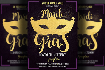 狂欢节面具化妆舞会海报制作模板 Mardi Gras Flyer Template