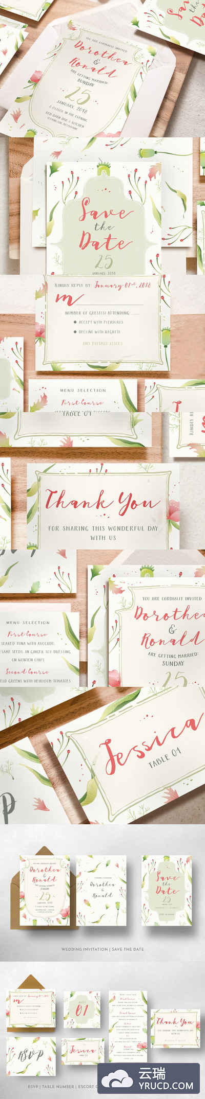 花卉婚礼邀请函设计插画 Foliage Illustration Wedding Suite