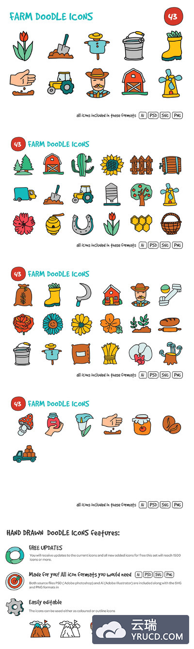 农场涂鸦图标素材集 Farm Doodle Icons Set