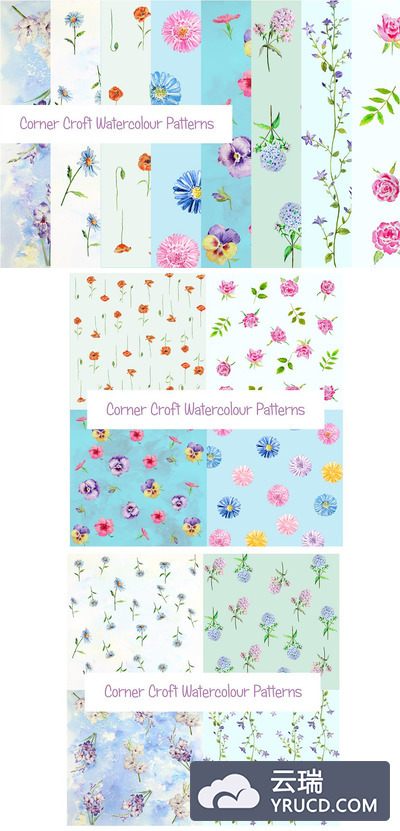 蓝色主题水彩花卉图案 Watercolor Floral Pattern Blue Theme