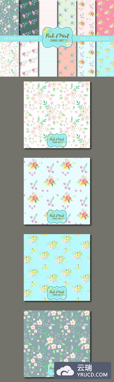 简约的背景图案 Digital Paper Floral Pink and Mint