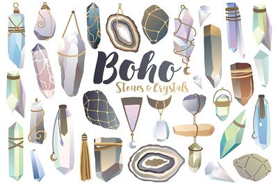 水晶石头插画素材 Boho Crystals & Stones Clipart Set