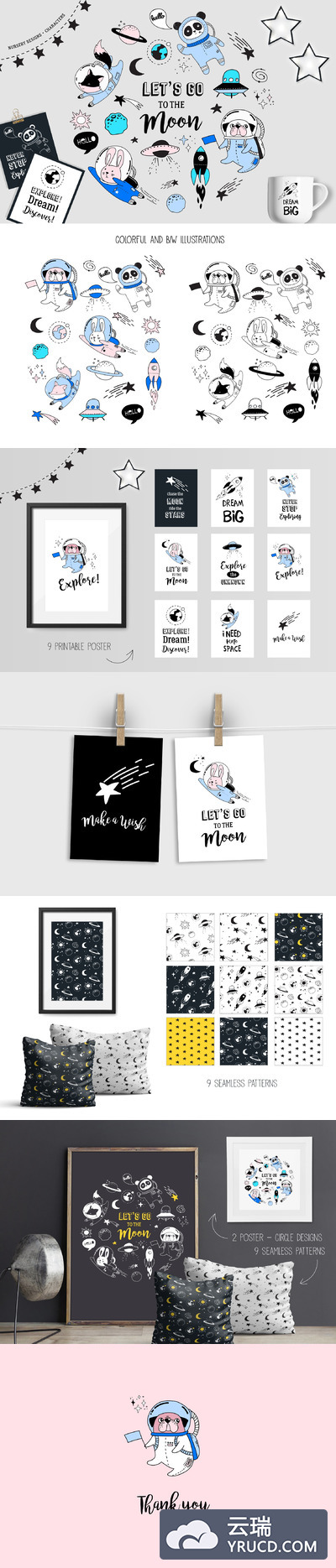 可爱的卡通动物宇航员插画素材 Cute Space animals characters set