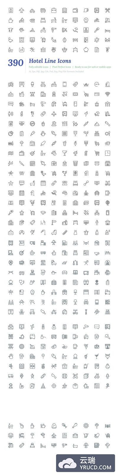 酒店功能图标大全 390 Hotel Line Icons