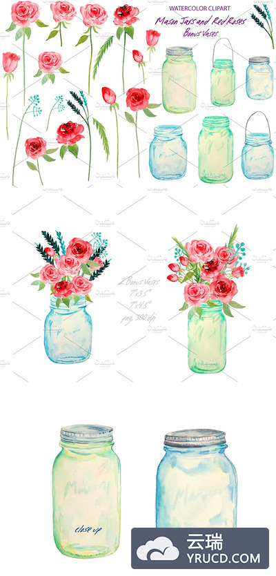 水彩罐子花卉插画 Watercolor Mason Jars Red Roses