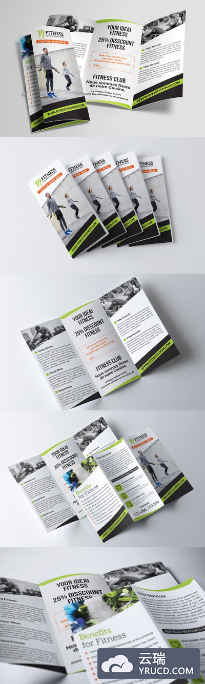 健身俱乐部宣传单设计模板 Fitness Trifold Brochure