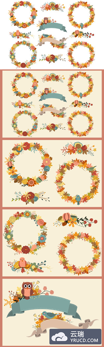 秋季花环元素插画 Autumn Wreaths Vector & PNG Pack