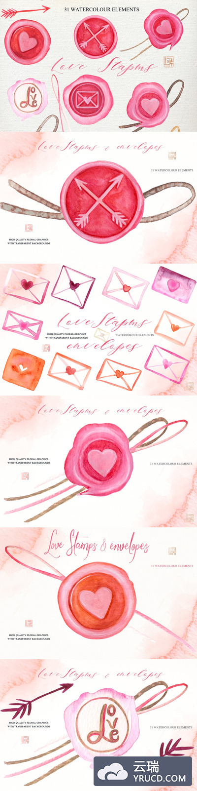 爱情心形邮票插画素材 Love stamps envelopes hearts clipart