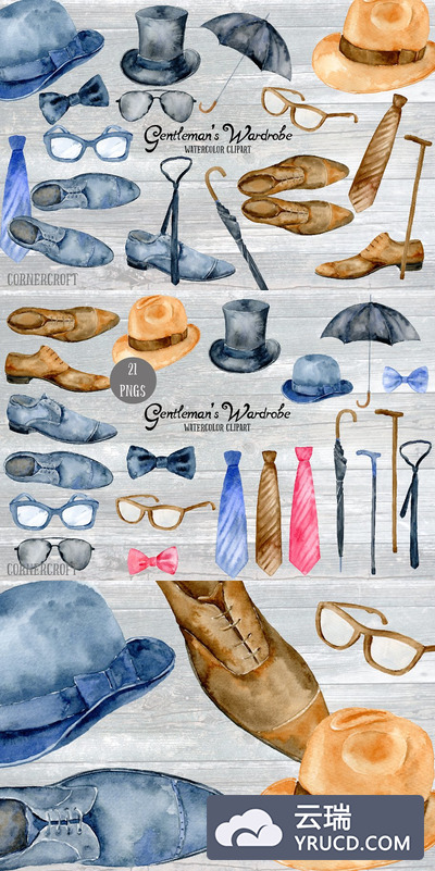 德国服装元素水彩插画 Watercolor Gentleman's Wardrobe