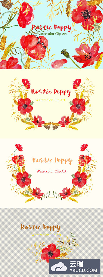 罂粟花水彩剪贴画 Ructic Poppy watercolor Clipart