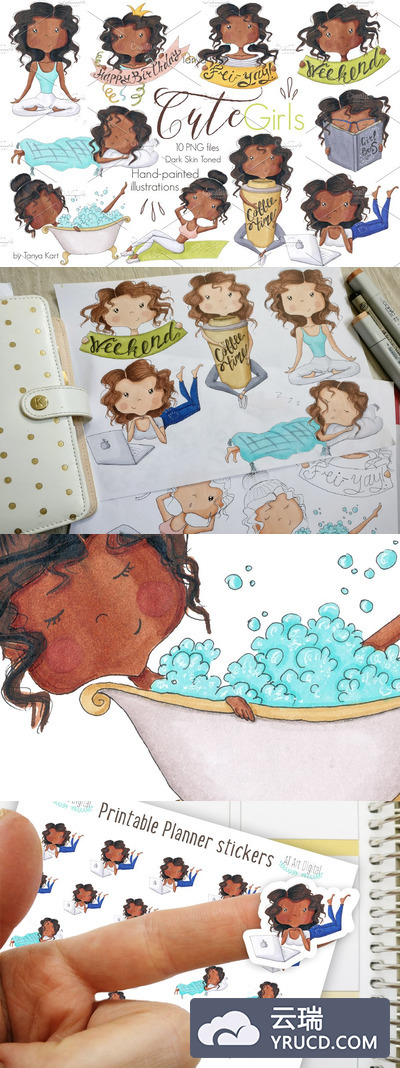 深色皮肤的可爱的卡通女孩剪贴画 Cute Girls Dark Skin Tone Clipart