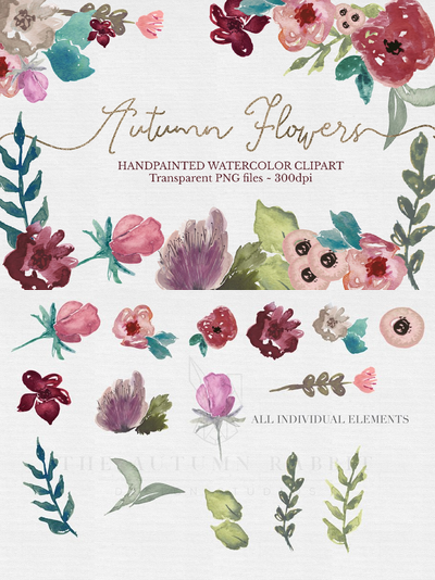 水彩花卉素材剪贴画 Floral Watercolor Clipart Set
