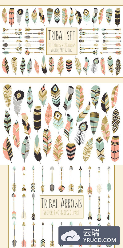 部落箭头羽毛插画 59 Arrows & Feathers Tribal Clipart