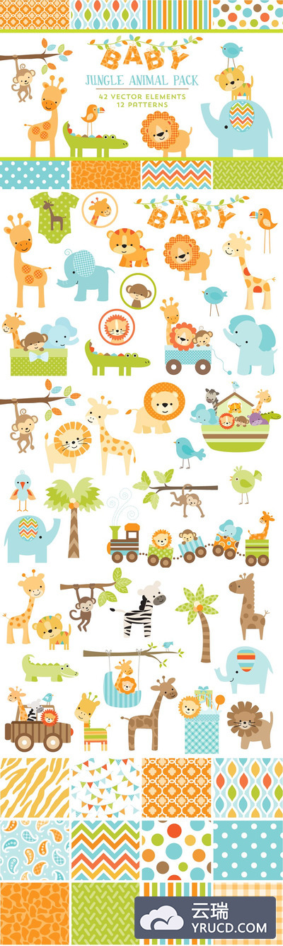 卡通婴儿动物插画 Baby Jungle Animal Graphics Patterns