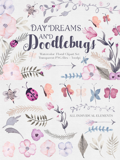 水彩花卉剪贴画集 Doodlebug Clipart Set