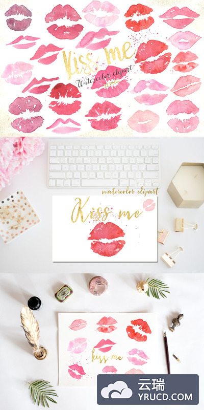 水彩嘴唇插画 Kisses. Valentine watercolor clipart