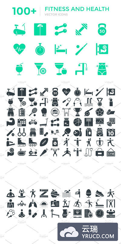 100+健身和健康矢量图标 100+ Fitness and Health Vector Icons