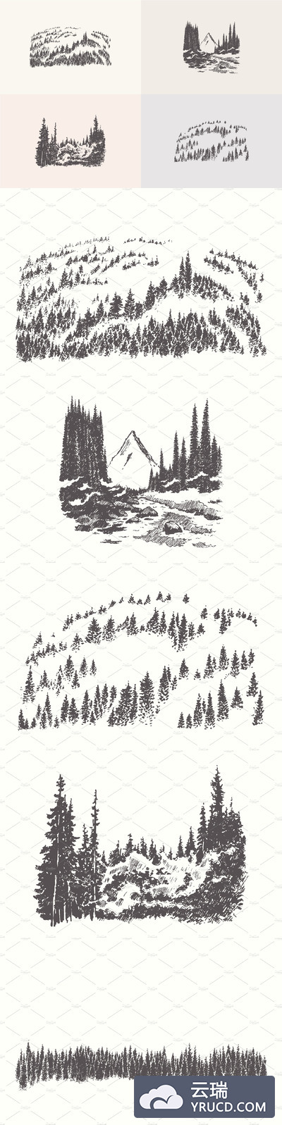 森林素描插画 Collection of forest landscapes