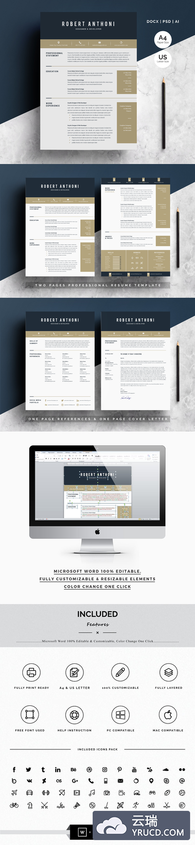 现代简历模板下载 Word Resume Temlate | 4 Pages Pack