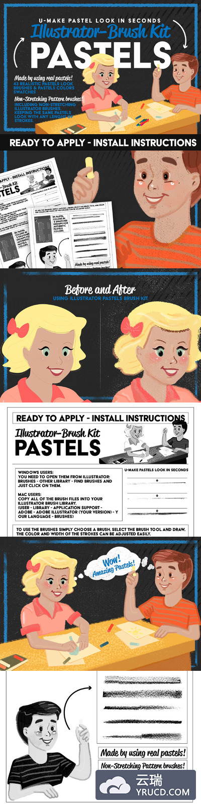 AI插画笔刷下载 Pastels Illustrator Brush-Kit