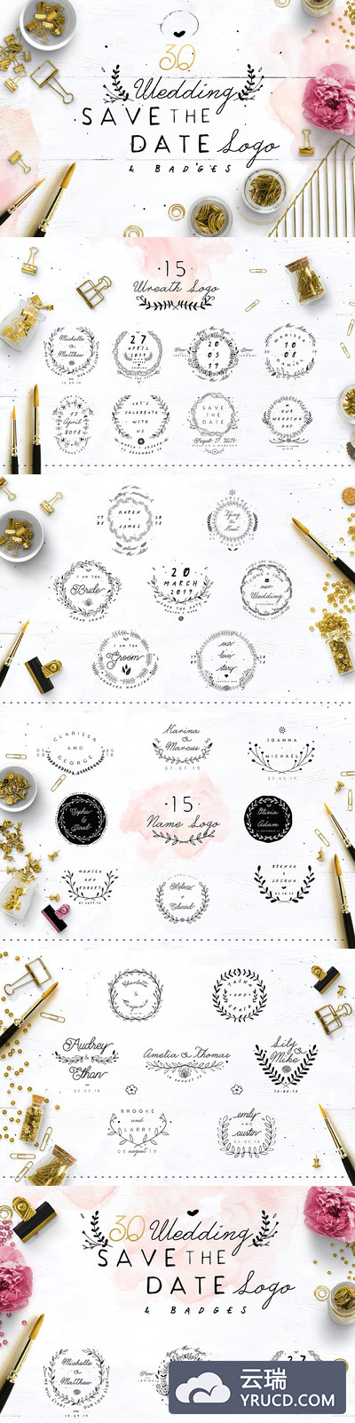 优雅的·花卉logo设计模板 30 Save the Date Wreath Logo