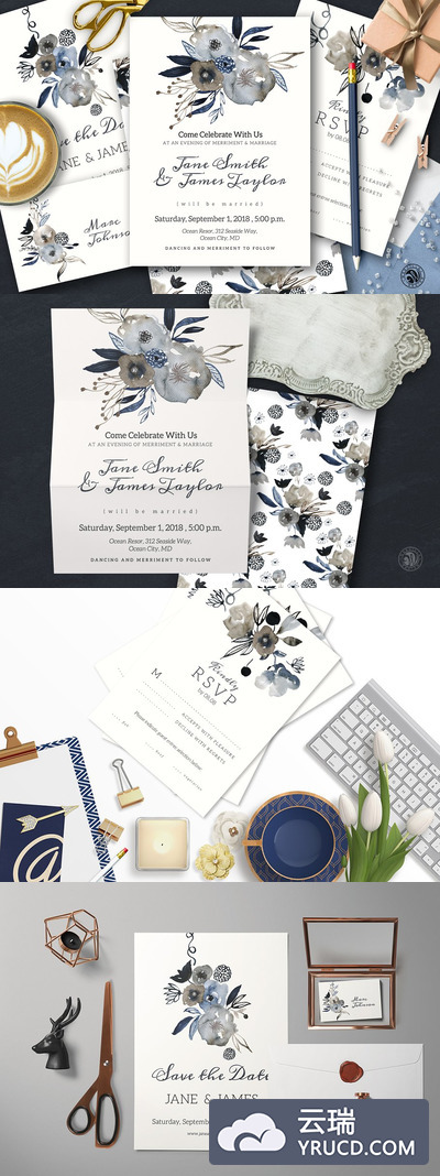 灰色花卉结婚请柬套装 Grey Wedding Invitation Set