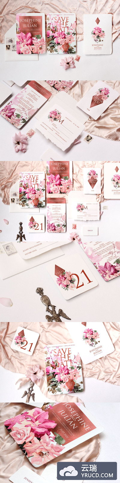 现代复古的水彩花卉约瑟芬婚礼邀请函套装