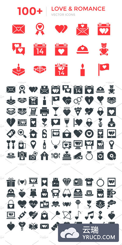 100+爱情和浪漫矢量图标 100+ Love and Romance Vector Icons