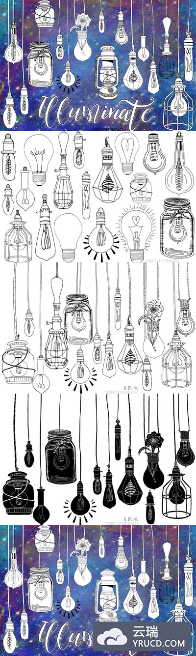 吊灯线条艺术图纸 Hanging Light Bulb Line Art Drawings