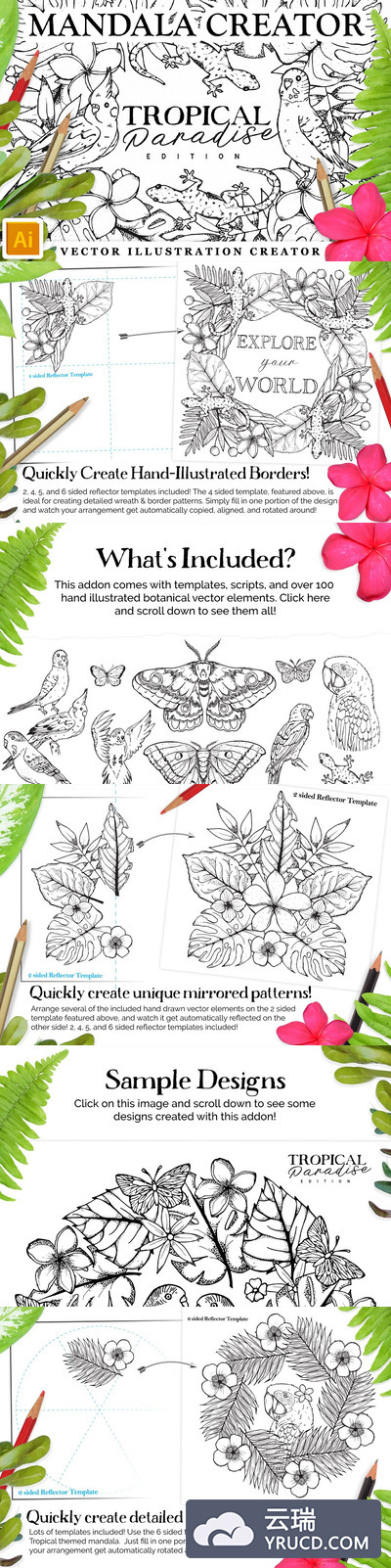 热带植物线描插图 Tropical Paradise MandalaCreator Kit