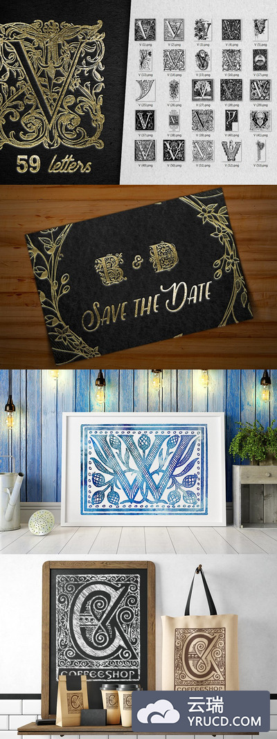 复古装饰字母V Vintage Letter V Decorative Alphabet