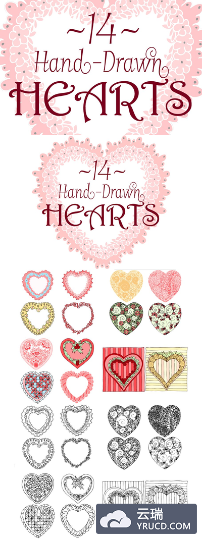 手绘花卉插画 14 Hand-Drawn Hearts