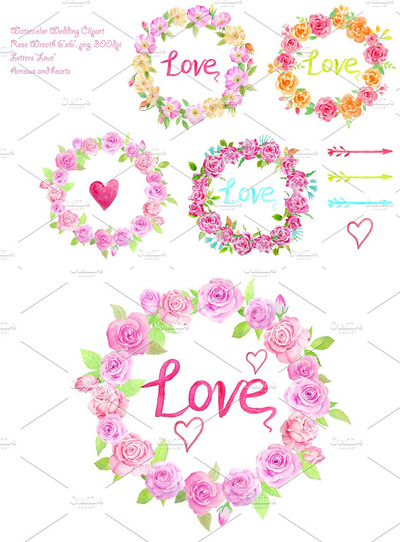 玫瑰花插画素材 Wedding Watercolor Rose Wreath