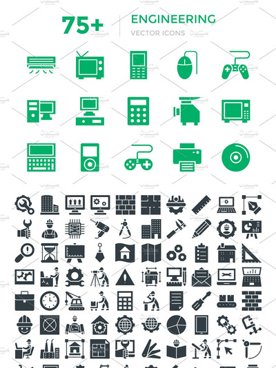 75+绿色能源矢量图标 75+ Engineering Vector Icons