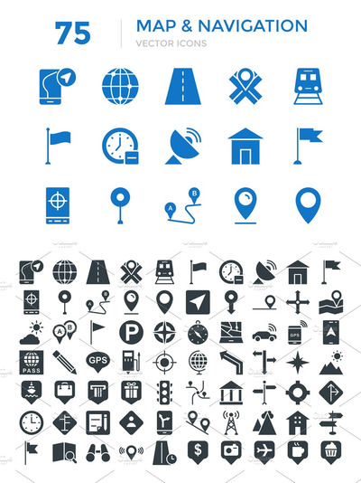 75个地图和导航矢量图标 75 Maps and Navigation Vector Icons