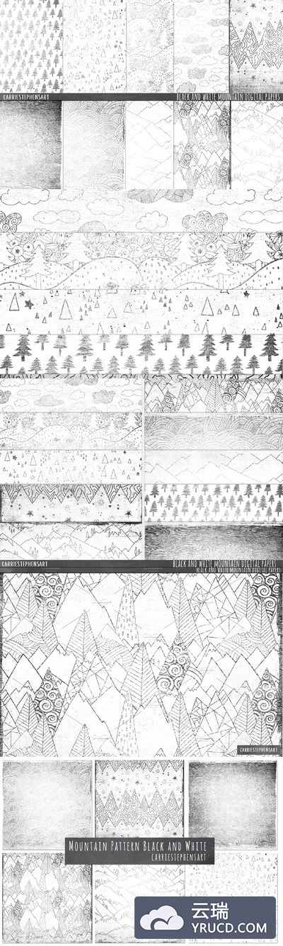 黑白图案背景纹理 Mountain Digital Paper, Black White