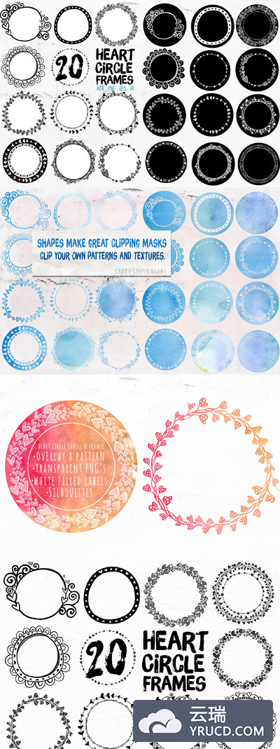 花环素材矢量插画 Round Heart Borders, Circle Frames